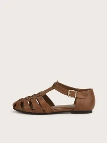 簡約鏤空魔術貼綁帶平底鞋，時尚素色咖啡色平底鞋 - 咖啡棕 - 查看 3