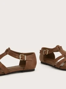 簡約鏤空魔術貼綁帶平底鞋，時尚素色咖啡色平底鞋 - 咖啡棕 - 查看 4