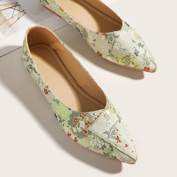 

Floral Embroidery Slip On Flats, Green