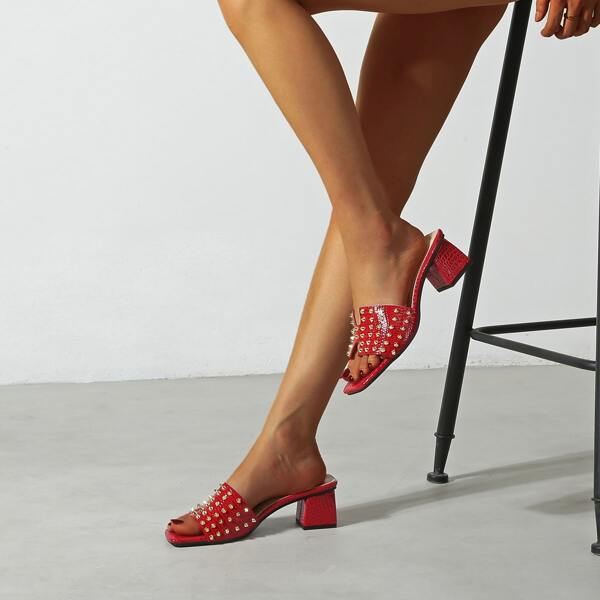 

Spiked Decor Croc Embossed Chunky Heeled Mules, Red
