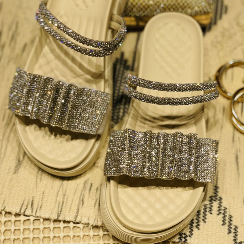 

Rhinestone Decor Flatform Mules, Beige