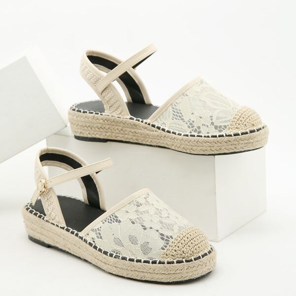 

Minimalist Ankle Strap Mesh Flatform Shoes, Beige