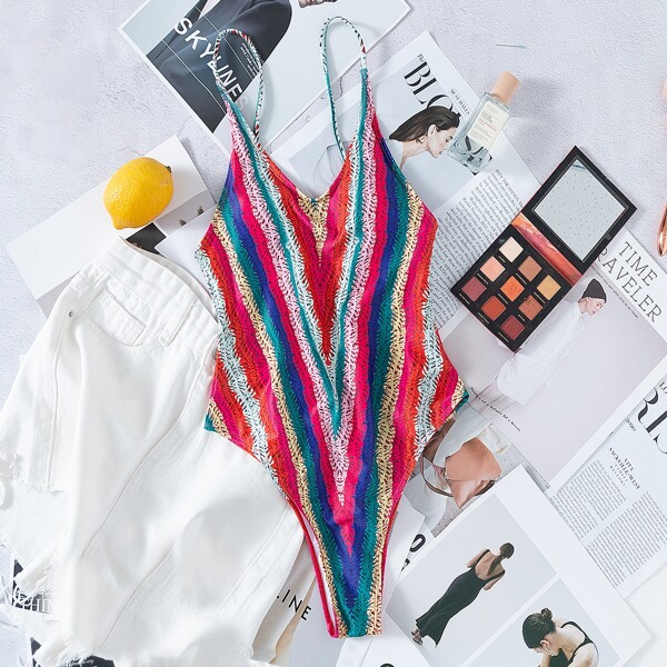 

Striped Backless One Piece Swimsuit, Multicolor