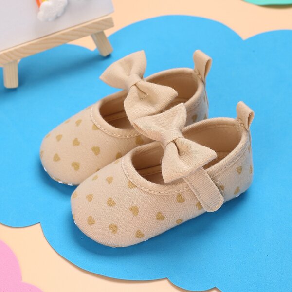 

Baby Girls Bow Decor Heart Graphic Flats, Apricot