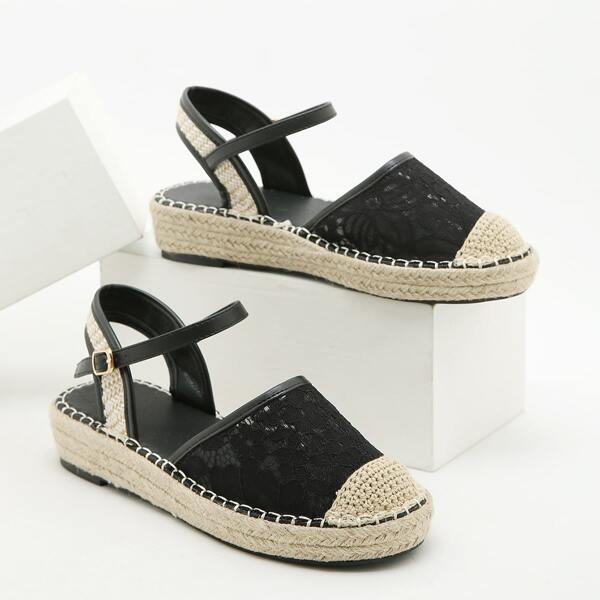

Minimalist Ankle Strap Mesh Flatform Shoes, Black