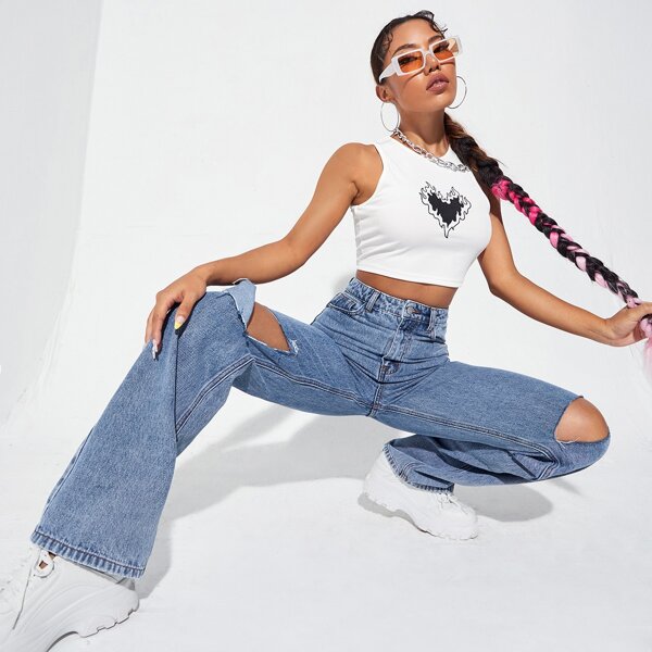 

High Waist Ripped Jeans, Medium wash