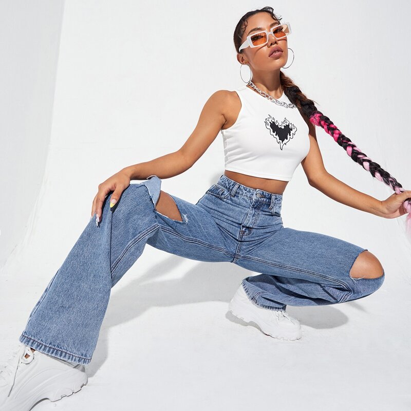 

High Waist Ripped Jeans, Medium wash