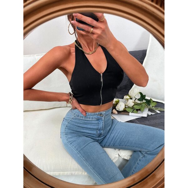 

Zip Front Backless Halter Crop Top, Black