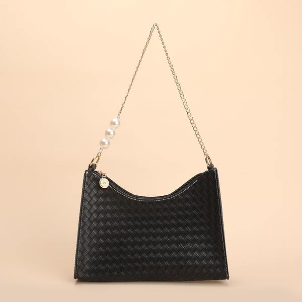 

Faux Pearl Decor Woven Shoulder Bag, Black