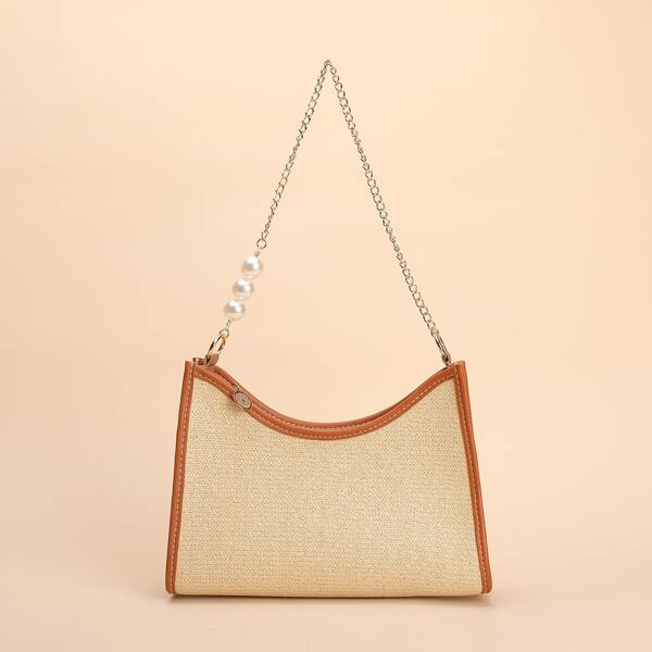 

Contrast Binding Straw Bag, Beige