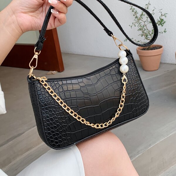 

Minimalist Chain Decor Croc Embossed Shoulder Bag, Black