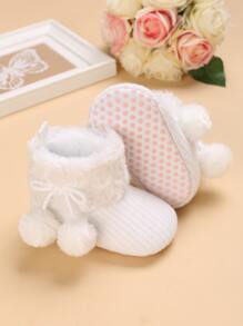 1對寶寶女孩極簡風格短靴,帶小毛球裝飾 - 白色 - 查看 2