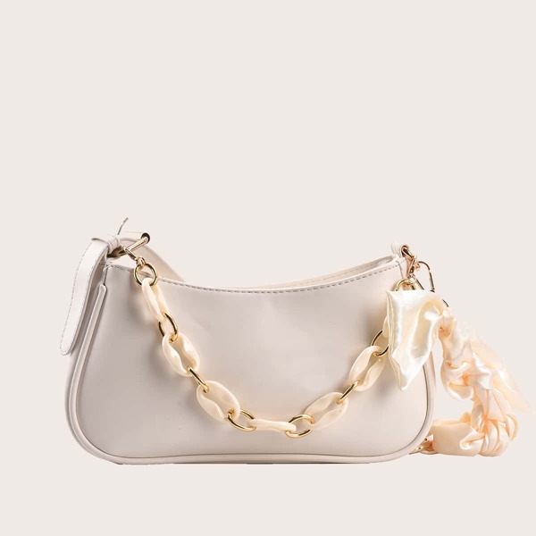 

Minimalist Chain Decor Baguette Bag, White
