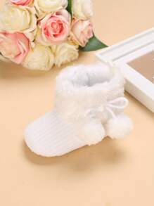 1對寶寶女孩極簡風格短靴,帶小毛球裝飾 - 白色 - 查看 3