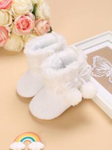 1對寶寶女孩極簡風格短靴,帶小毛球裝飾 - 白色 - 查看 5