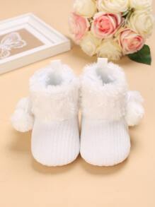 1對寶寶女孩極簡風格短靴,帶小毛球裝飾 - 白色 - 查看 6