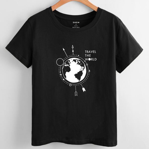 

Slogan & Map Print Tee, Black