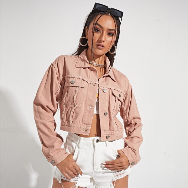 

Drop Shoulder Crop Denim Jacket, Pink