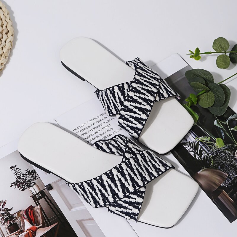 

Cross Strap Slide Sandals, Black and white