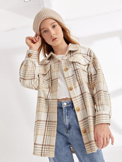 SHEIN Girls Single Breasted Flap Pocket Plaid Coat
