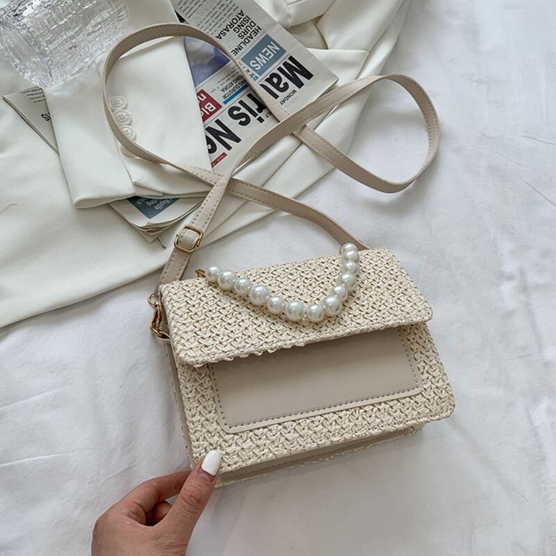 

Faux Pearl Handle Straw Bag, Beige