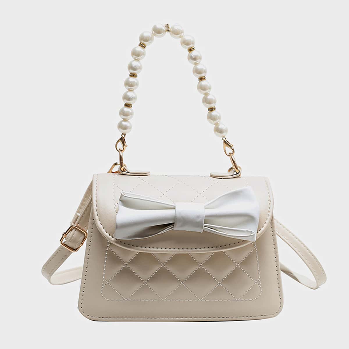 

Bow Decor Quilted Satchel Bag, White