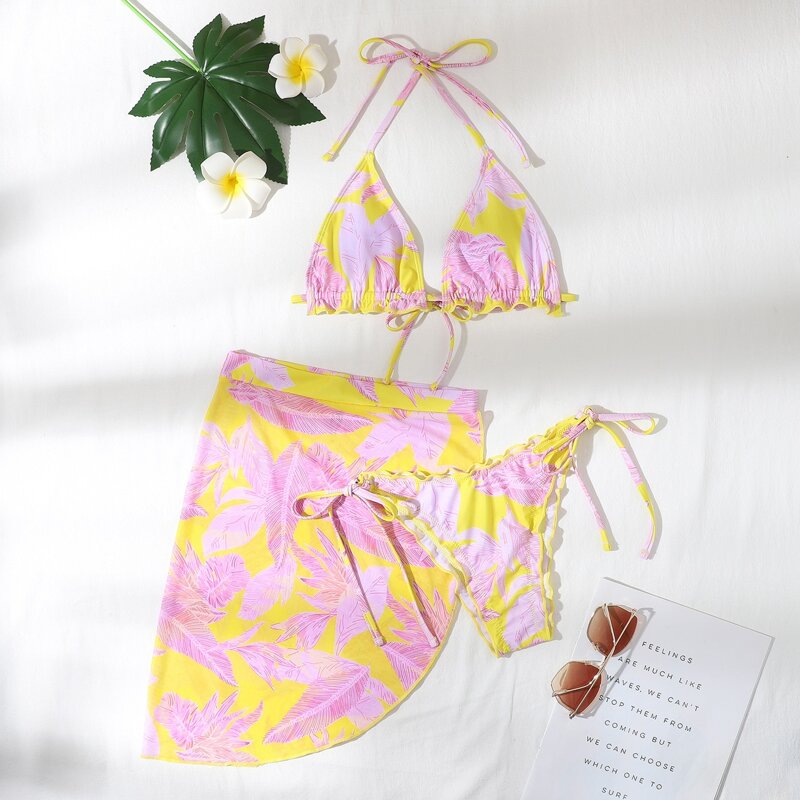 

3pack Plant Print Micro Triangle Bikini Swimsuit & Beach Skirt, Pink