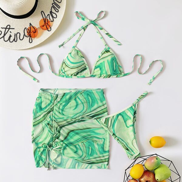 

3pack Abstract Fluid Pattern Bikini Swimsuit & Beach Skirt, Green