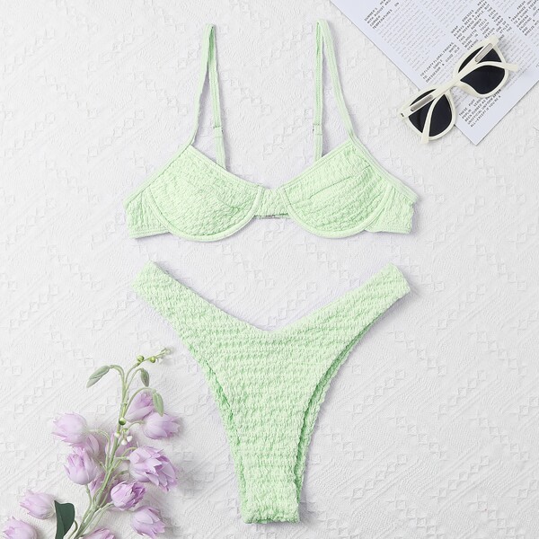

Textured Underwire High Cut Bikini Swimsuit, Mint green