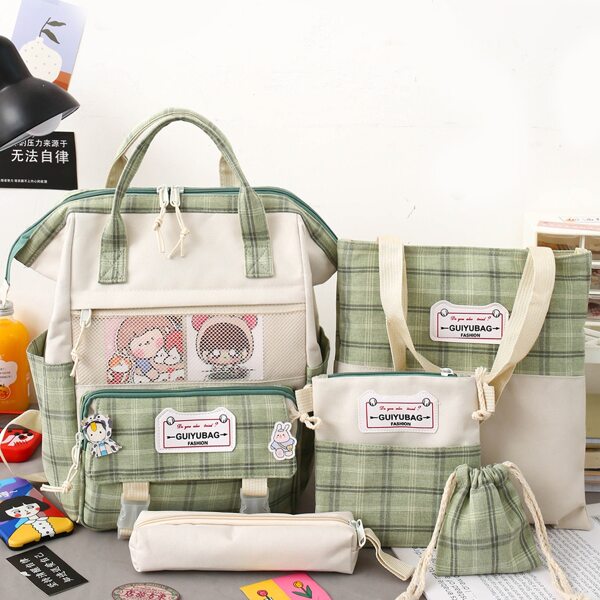 

5pcs Girls Plaid Pattern Backpack Set, Green