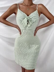 SHEIN Unity Đầm Dây kéo Thắt nơ trước Kẻ sọc Boho - Màu xanh Bạc hà - Xem 4