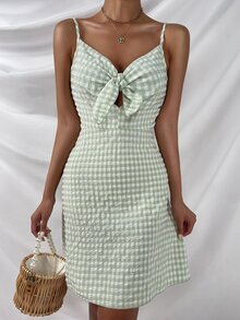 SHEIN Unity Đầm Dây kéo Thắt nơ trước Kẻ sọc Boho - Màu xanh Bạc hà - Xem 5