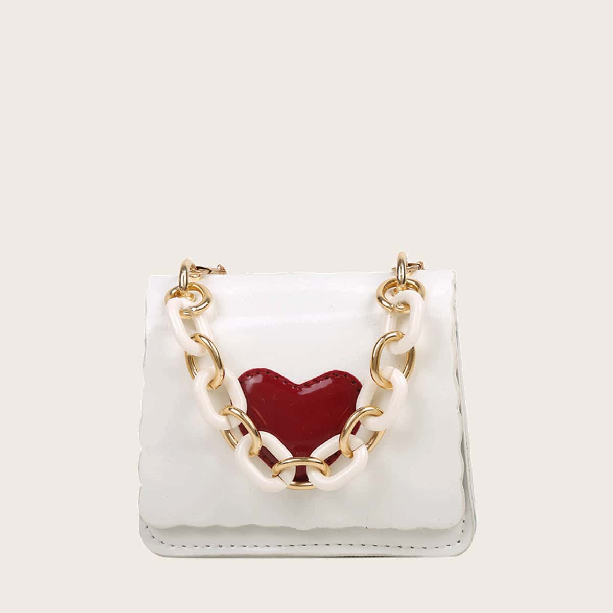 

Mini Heart Pattern Chain Satchel Bag, White