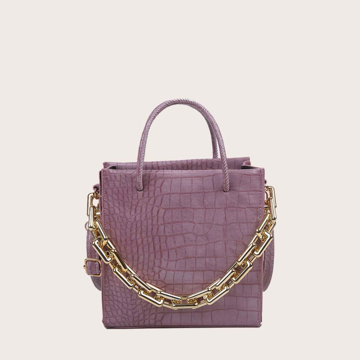 

Chain Decor Croc Embossed Satchel Bag, Purple