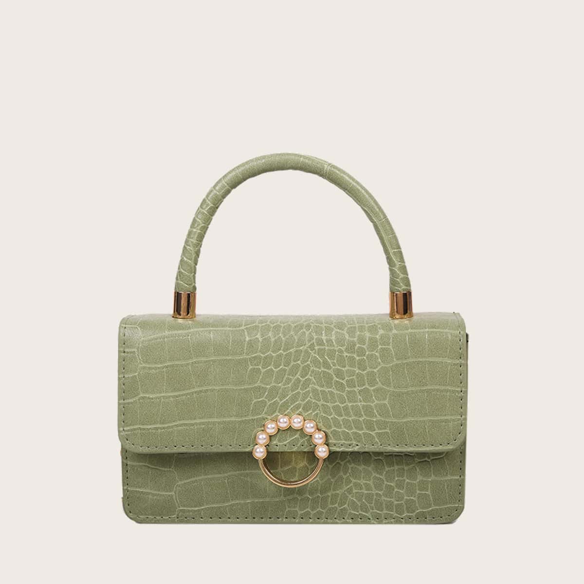 

Faux Pearl Decor Croc Embossed Satchel Bag, Green