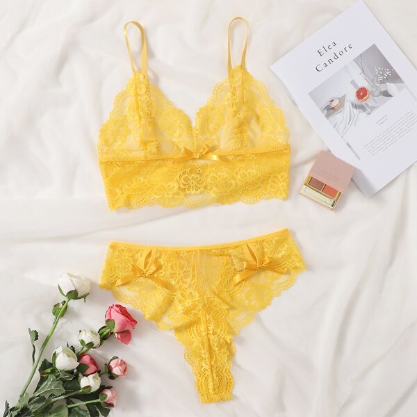 

Floral Lace Bow Decor Lingerie Set, Yellow