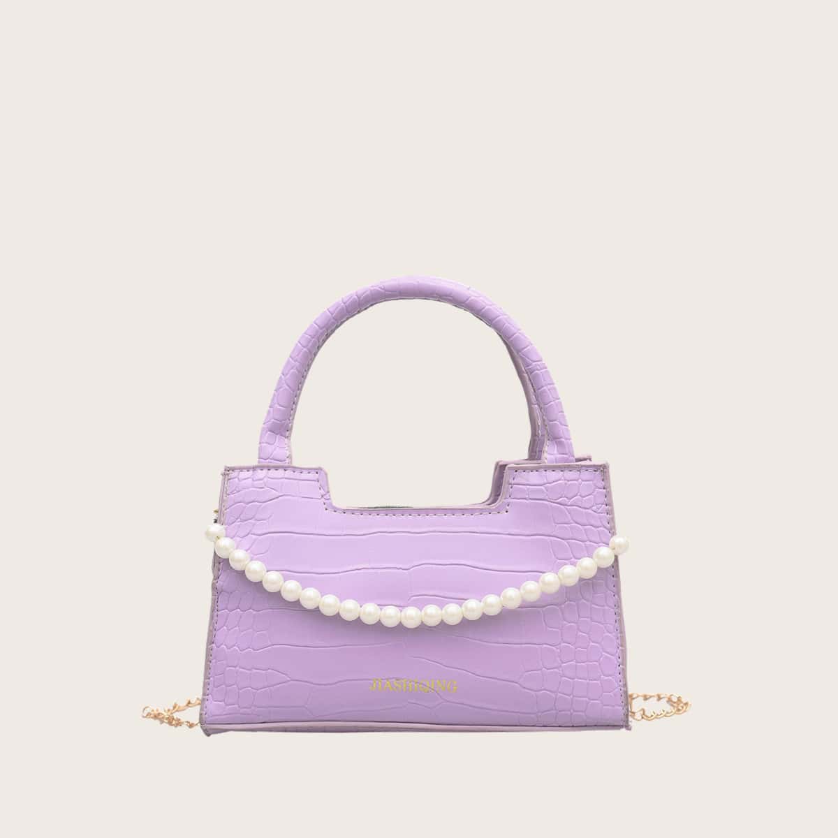 

Faux Pearl Decor Croc Embossed Satchel Bag, Purple