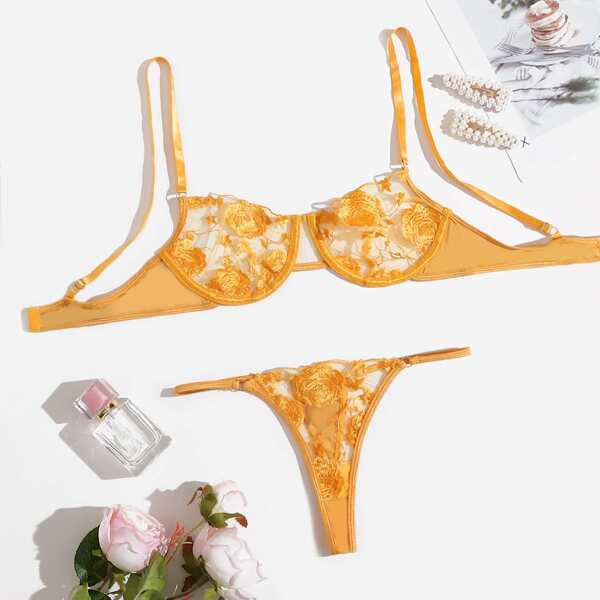 

Floral Embroidered Mesh Underwire Lingerie Set, Yellow