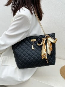 女士菱格紋袋,圍巾裝飾肩袋,時尚pu皮圍巾裝飾菱紋壓花肩提袋,適用於青少年女孩、大學生、菜鳥、白領員工,在辦公室、工作、商務、通勤等場合,是女性最佳工作包 - 黑色 - 查看 1