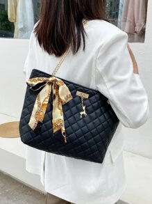 女士菱格紋袋,圍巾裝飾肩袋,時尚pu皮圍巾裝飾菱紋壓花肩提袋,適用於青少年女孩、大學生、菜鳥、白領員工,在辦公室、工作、商務、通勤等場合,是女性最佳工作包 - 黑色 - 查看 2