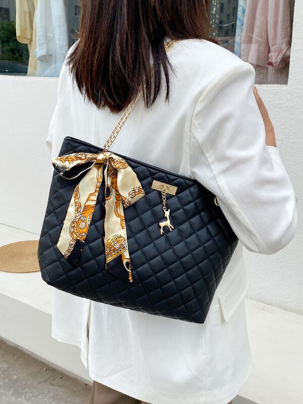 Scarf Decor Quilted Embossed Shoulder Tote Bag For Teen Girls Women