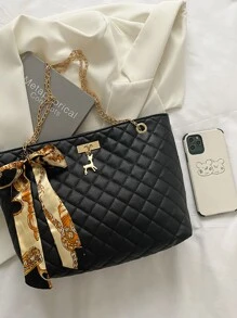 女士菱格紋袋,圍巾裝飾肩袋,時尚pu皮圍巾裝飾菱紋壓花肩提袋,適用於青少年女孩、大學生、菜鳥、白領員工,在辦公室、工作、商務、通勤等場合,是女性最佳工作包 - 黑色 - 查看 3