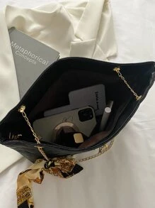 女士菱格紋袋,圍巾裝飾肩袋,時尚pu皮圍巾裝飾菱紋壓花肩提袋,適用於青少年女孩、大學生、菜鳥、白領員工,在辦公室、工作、商務、通勤等場合,是女性最佳工作包 - 黑色 - 查看 4