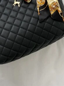 女士菱格紋袋,圍巾裝飾肩袋,時尚pu皮圍巾裝飾菱紋壓花肩提袋,適用於青少年女孩、大學生、菜鳥、白領員工,在辦公室、工作、商務、通勤等場合,是女性最佳工作包 - 黑色 - 查看 5