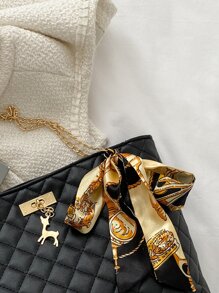 女士菱格紋袋,圍巾裝飾肩袋,時尚pu皮圍巾裝飾菱紋壓花肩提袋,適用於青少年女孩、大學生、菜鳥、白領員工,在辦公室、工作、商務、通勤等場合,是女性最佳工作包 - 黑色 - 查看 6