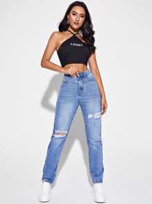 Jeans mom desgarro con diseño de fleco - Lavado ligero - Ver 2