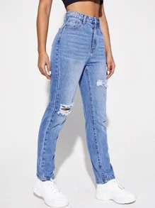 Jeans mom desgarro con diseño de fleco - Lavado ligero - Ver 5