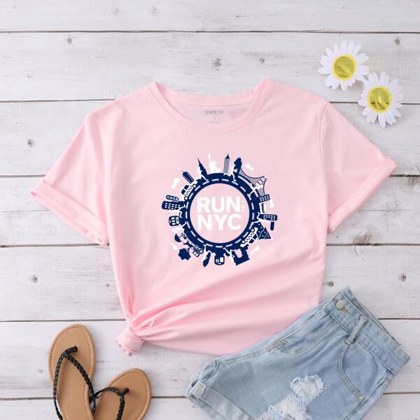 

Cartoon And Letter Graphic Tee, Baby pink