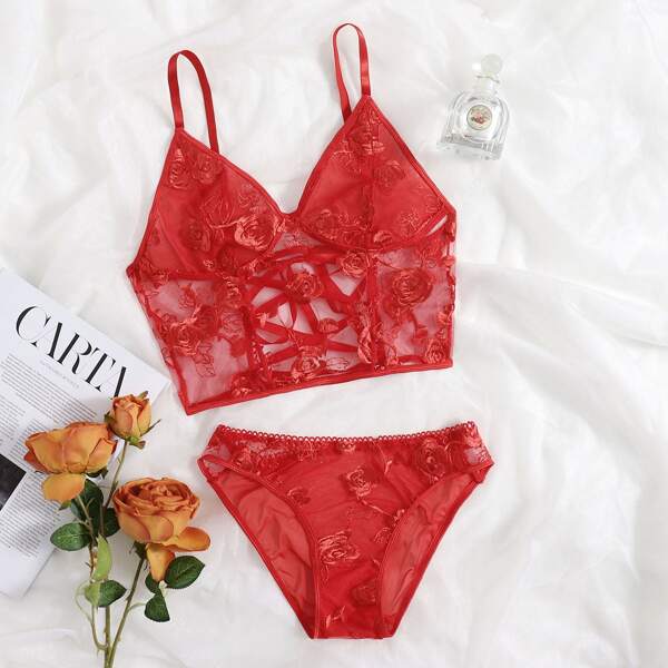 

Embroidery Mesh Lingerie Set, Red
