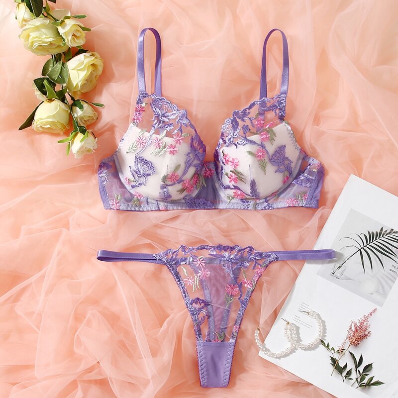 

Floral Embroidered Mesh Underwire Lingerie Set, Purple